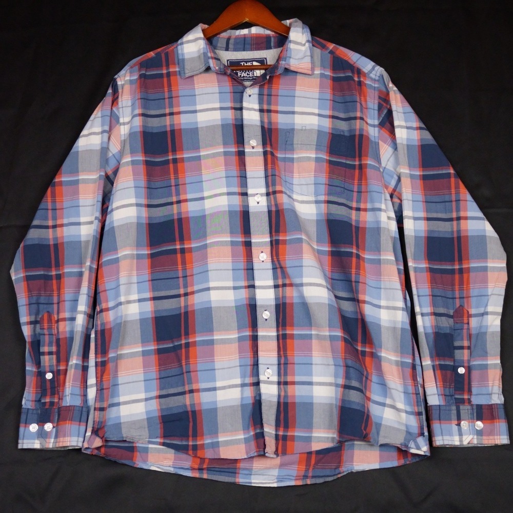 The North Face Button Down Shirt Mens XL Blue Orange Plaid Outdoor Cotton Blend